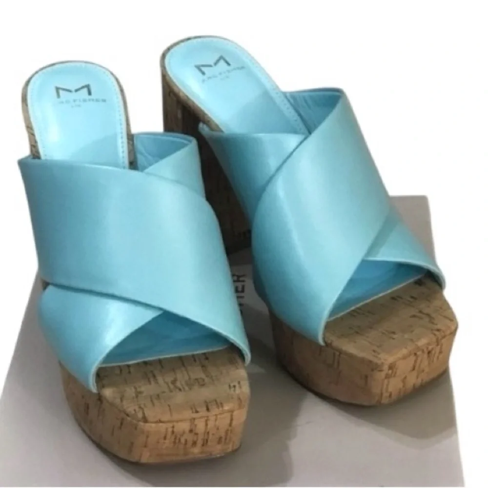 Marc Fisher Farlow Aqua Crisscross Platform High Cork Heel Sandals sz 8.5